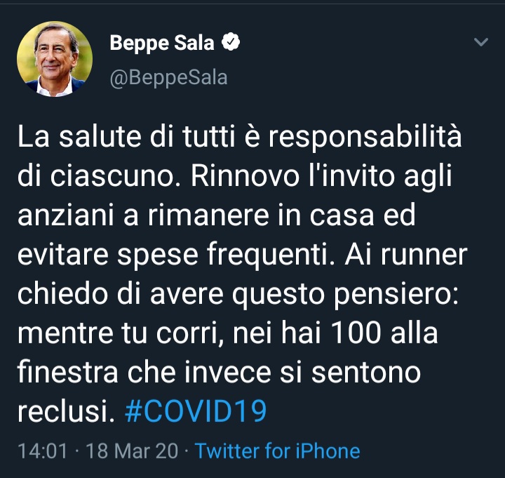 Tweed del Sindaco Sala di Milano contro i Runners: un esempio di assurda mentalità pro-lockdown